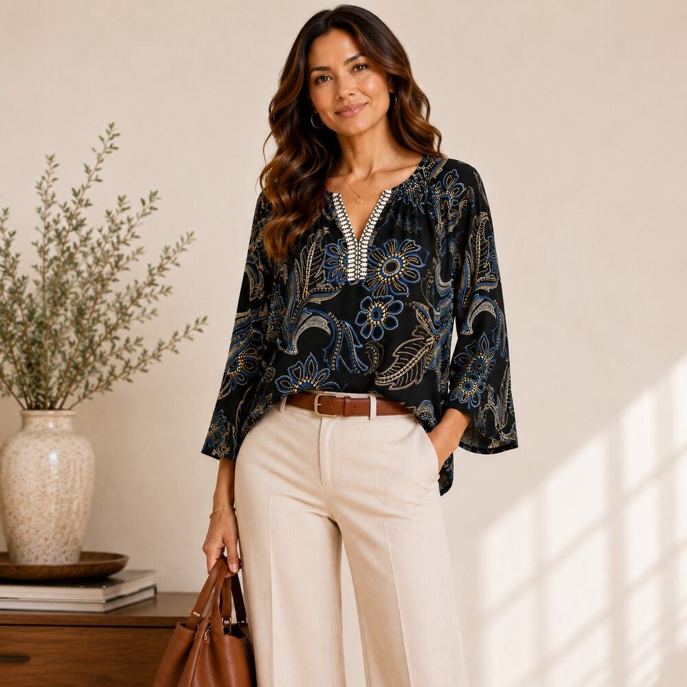 Susan Graver Liquid Knit Blouse Women's Size L Black Floral Boho Office Casual